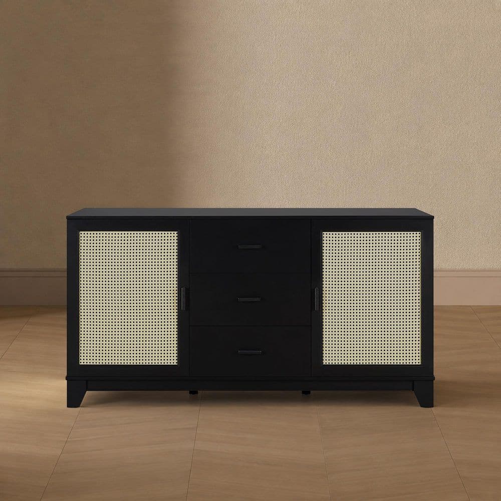 Sheridan Black MDF 59.05 in. Modern Cane Sideboard with Adjustable Shelves