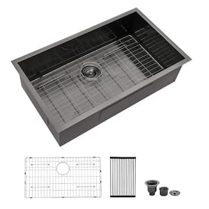 30 in. Undermount Single Bowl 18 Gauge Gunmetal Black Stainless Steel Workstation Kitchen Sink with Bottom Grid