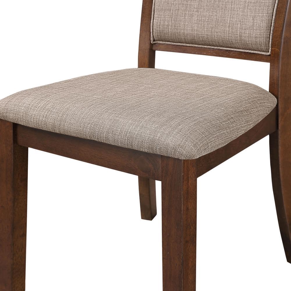 Cherry Wood Round Dining Table Set with Gray Upholstered Chairs