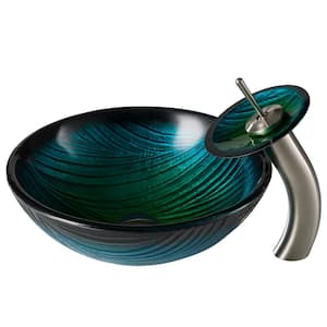 Natura 17 in. Round Vessel Bathroom Sink in Green Glass with Waterfall Faucet in Satin Nickel