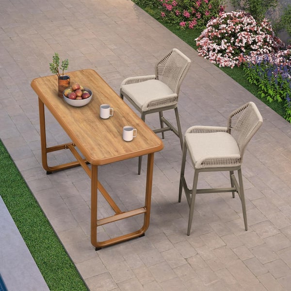 PURPLE LEAF Modern Light Grey 3-Piece Aluminum Rectangle High Top Table Bar Height Wicker Bar Outdoor Bistro Set with Cushions