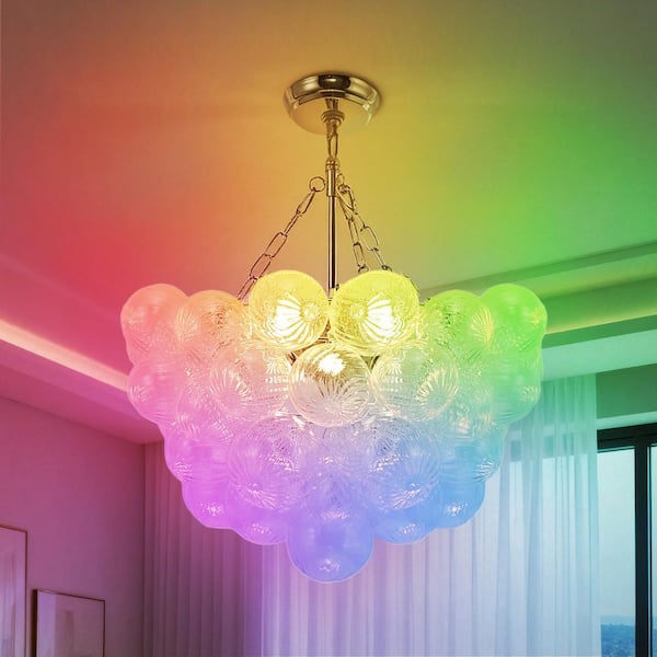 1-Light Nickel Bubble Ball Glass Integrated LED Chandelier, RGBCW Dimmable Glass Cluster Ceiling Light for Dining Room