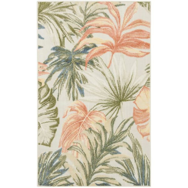 Aloha Ivory Green 3 ft. x 4 ft. Palmette Contemporary Area Rug