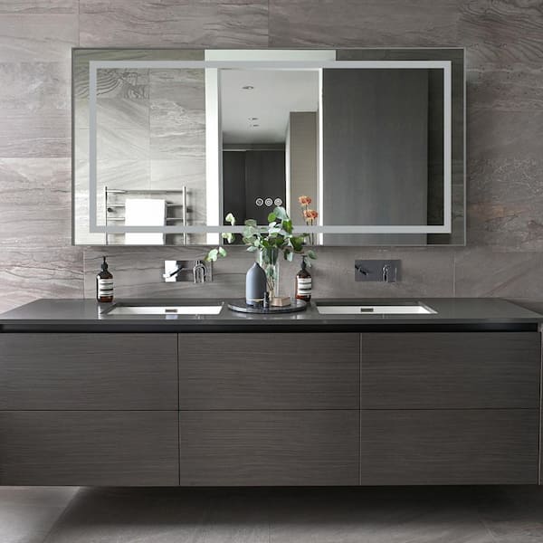 55 in. W x 28 in. H Rectangular Aluminum Framed Backlit and Front Light LED Wall Bathroom Vanity Mirror in Gun Grey