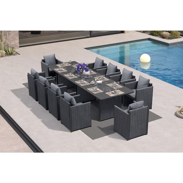 11-Piece Aluminum Outdoor Dining Set All-Weather Modern Rectangular Dining Table and Chairs with Olefin Cushions, Grey