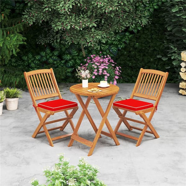 Acacia Wood Outdoor Folding Dining Chair High-Back Chair with Seat Red Cushion (Set of 2)