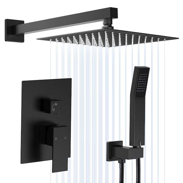 AKLFGN 1-Spray Square High-Pressure 12 in. Shower Head Wall Mounted Shower Kit with Brass Valve and Handheld Shower Matte Black