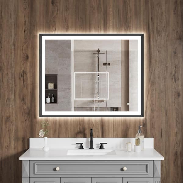 FORCLOVER 40 in. W x 32 in. H Large Rectangular Framed Anti-Fog Back Light LED Wall-Mounted Bathroom Vanity Mirror
