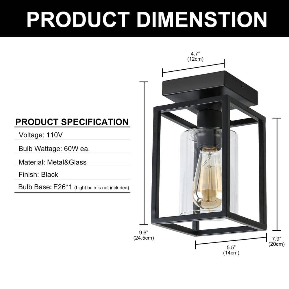 Black Metal Frame Semi-Flush Mount Ceiling Light with Clear Glass Shade