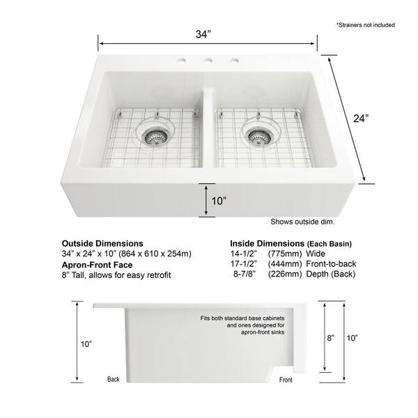 34 in. Farmhouse/Apron-Front 3-Hole Double Bowl White Fireclay Kitchen Sink with Bottom Grid