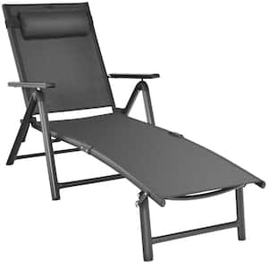 Aluminum Outdoor Chaise Lounge Chair Adjustable Folding Recliner with 7 Backrest Positions in Black