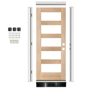 DIY RTA Kit 32in.x80in. Modern Hemlock Left-Hand/Inswing 5-Lite Clear Glass Unfinished Wood Ready To Assemble Front Door