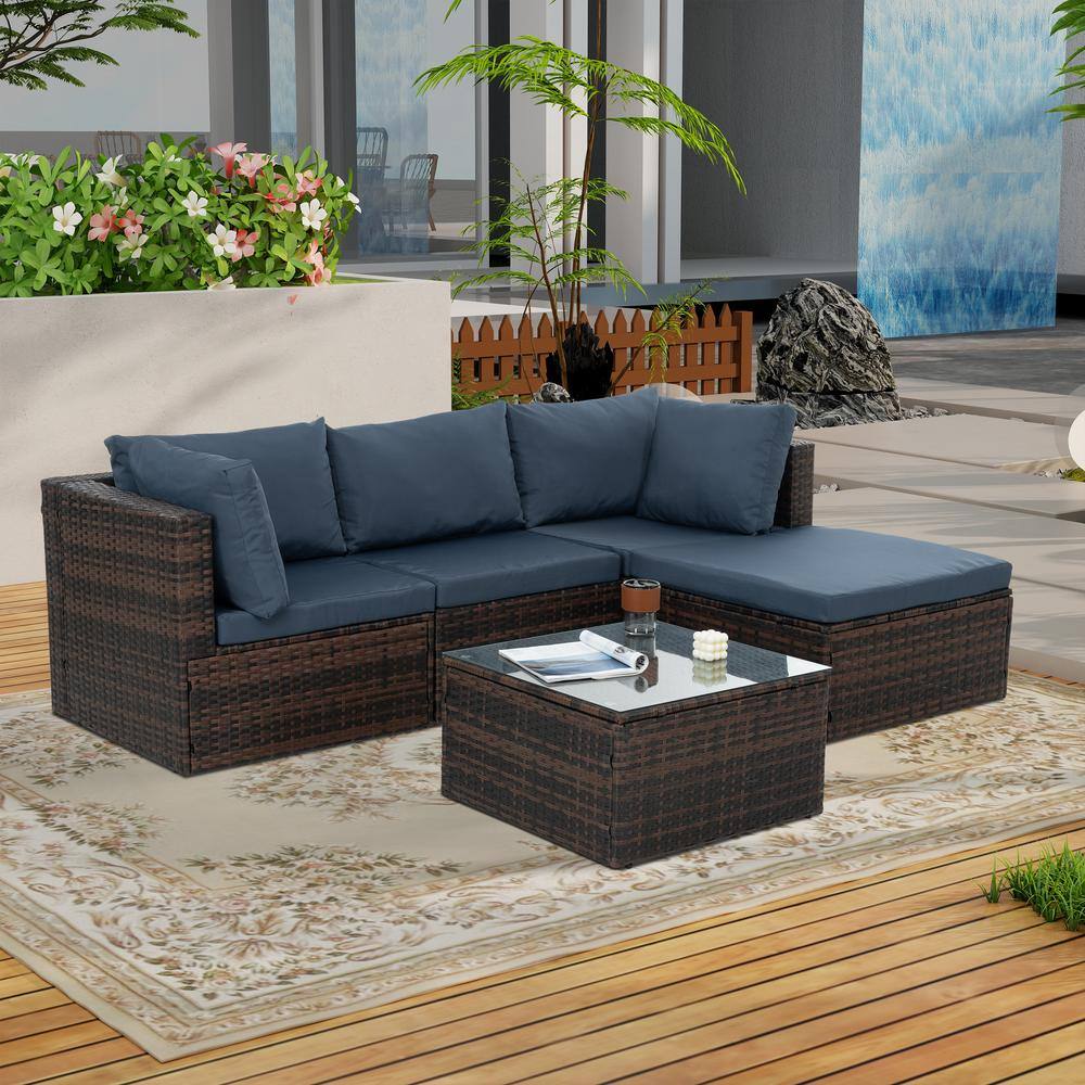 Brown 5-Piece Wicker Outdoor Sectional, Rattan Sofas with Coffee Table and 