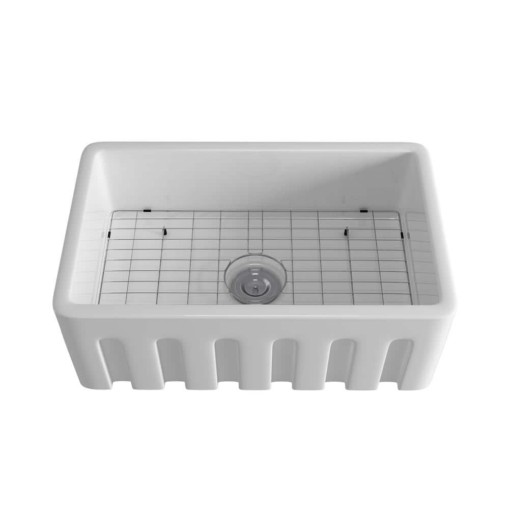 White Ceramic 29.75 in. Single Bowl Corner Farmhouse Apron Workstation Kitc
