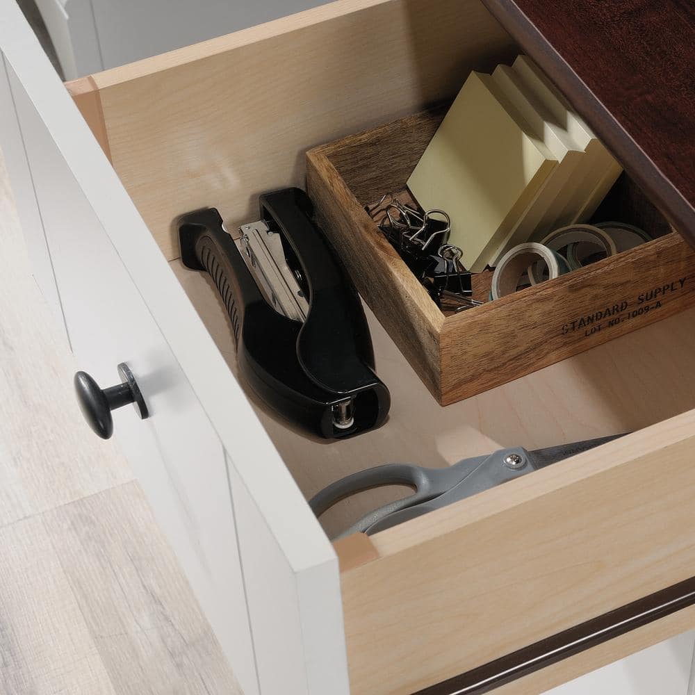 Soft White Multifunctional Computer Desk with Cherry Accent and Storage