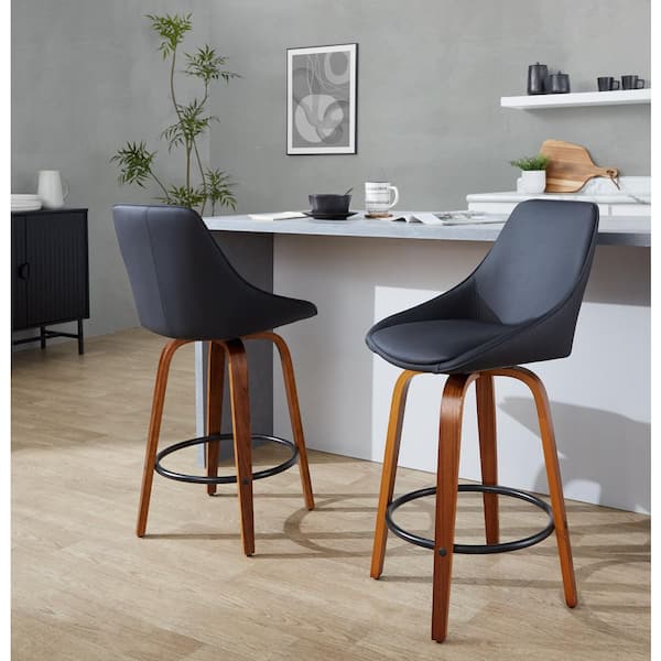 Lumisource Diana 26 in. Walnut Wood and Black Faux Leather with Round Black Metal Footrest Fixed-Height Counter Stool (Set of 2)
