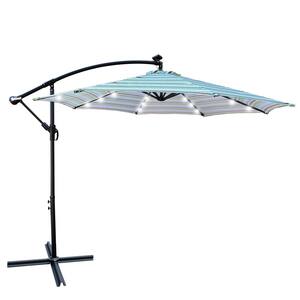 10 ft. Metal Cantilever Patio Umbrella in Blue Striped with LED Lights and Umbrella Base