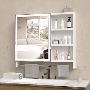 32 in. W x 28 in. H White Rectangular Aluminum LED Light Medicine Cabinet with Mirror, Towel Rack