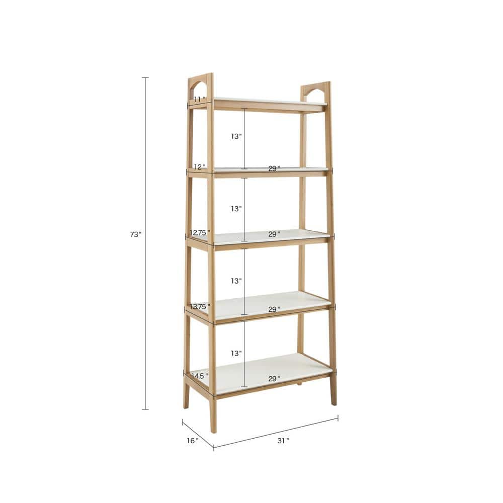 Parker Mid-Century Solid Wood and MDF Ladder Bookcase in Off-White/Natural