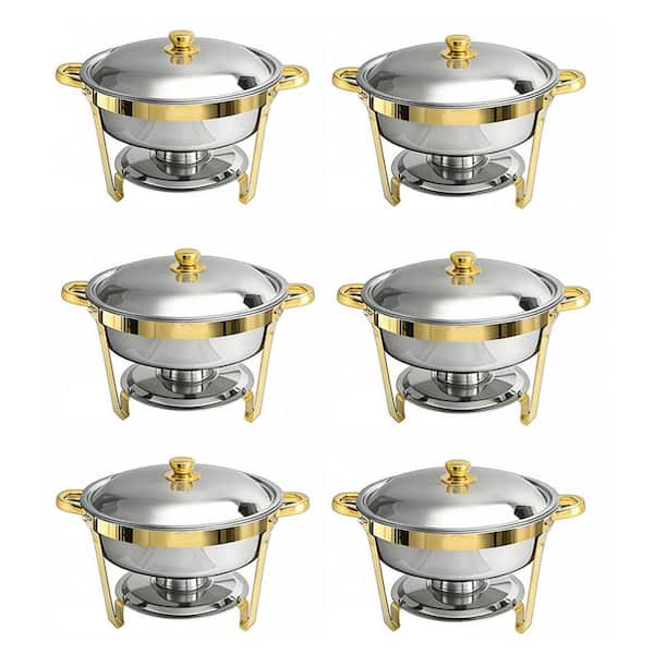 6 Piece Stainless Steel Cookware Set with Lids in Golden, Round Buffet Catering Dish, Chafers Servers Sets