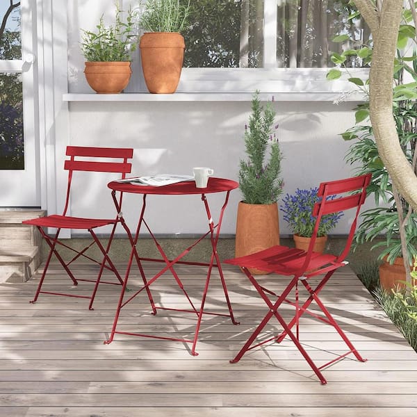 Unbranded Red 3-Piece Metal Outdoor Bistro Set with White Cushion