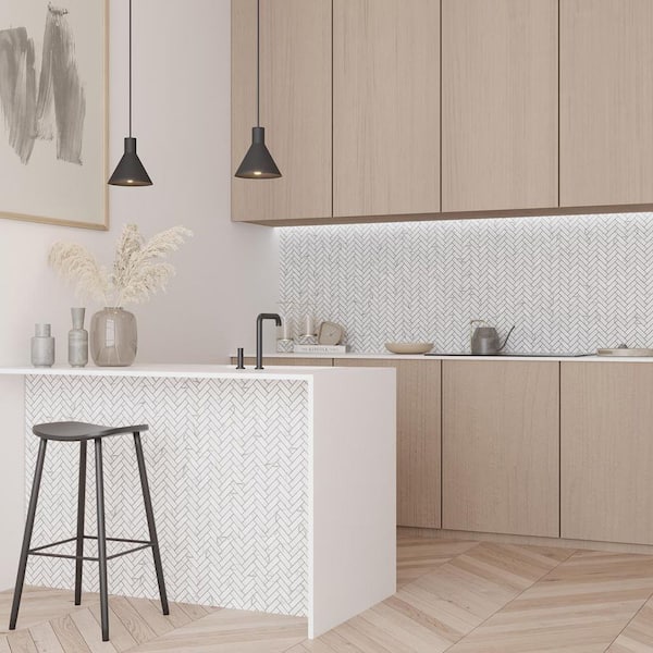 Aloha 11 in. x 13 in. Polished White, Gray Vein Glass Mosaic Herringbone Wall and Floor Tile (9.63 sq. ft./case)-10 Pack