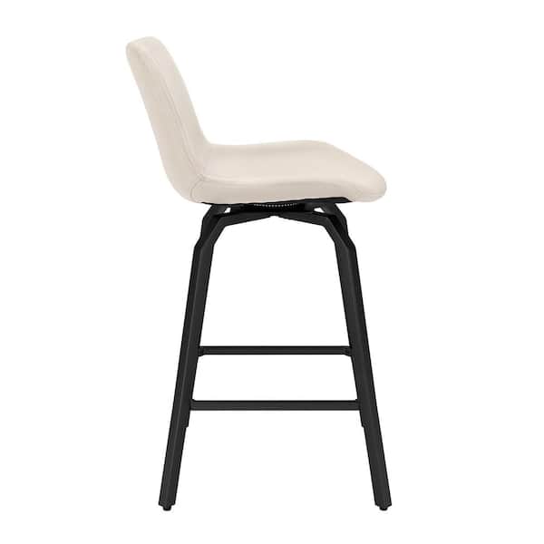 Dennis 37 in. Faux Leather Bar Stools Metal Frame With Upholstered Swivel Counter Height Bar Stools in Ivory (Set of 3)
