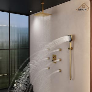 6-Spray Dual Shower Heads Ceiling Mount Fixed and Handheld Shower Head 2.5 GPM in Brushed Gold 12 in.Thermostatic