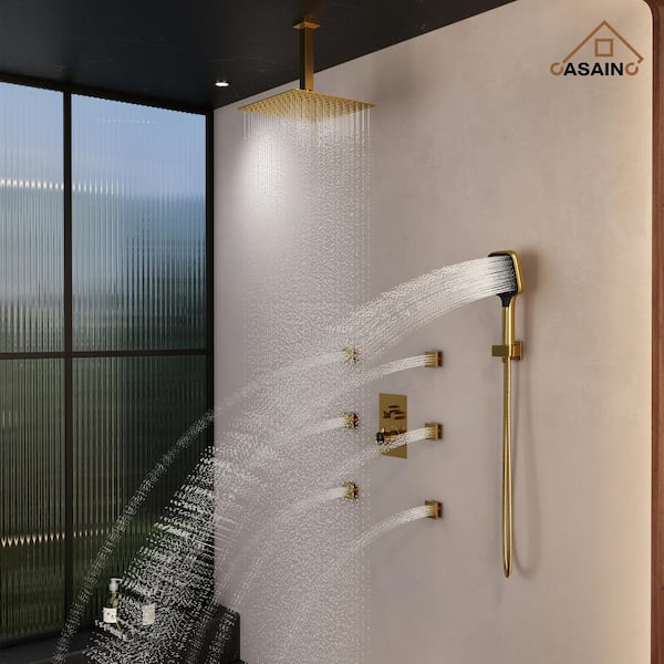 6-Spray Dual Shower Heads Ceiling Mount Fixed and Handheld Shower Head 2.5 GPM in Brushed Gold 12 in.Thermostatic
