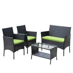 Black Wicker Outdoor 4-Piece Loveseat Set with Glass Top Table and Green Cushions