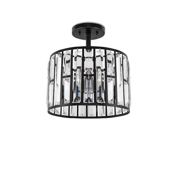 12.4 in. 3-Light Matte Black Semi-Flush Mount Ceiling Light with Crystal Details, E12 Base, for Living room, Bedroom