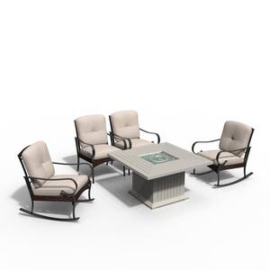 Zane Gray 5-Piece Aluminum Square Outdoor Gas Fire Pits Set with 4-Chairs and Beige Cushions