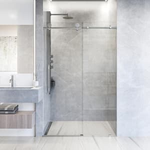 Elan Hart 56 to 60 in. W x 76 in. H Sliding Frameless Shower Door in Stainless Steel with 3/8 in. (10mm) Clear Glass