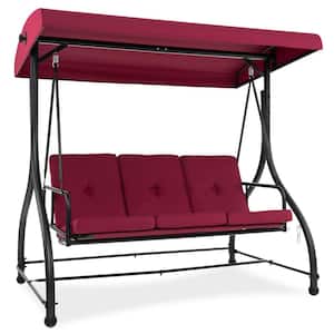 Converting Patio Swing Chair Porch Swing Bed with Adjustable Canopy and Thickened Cushion Wine