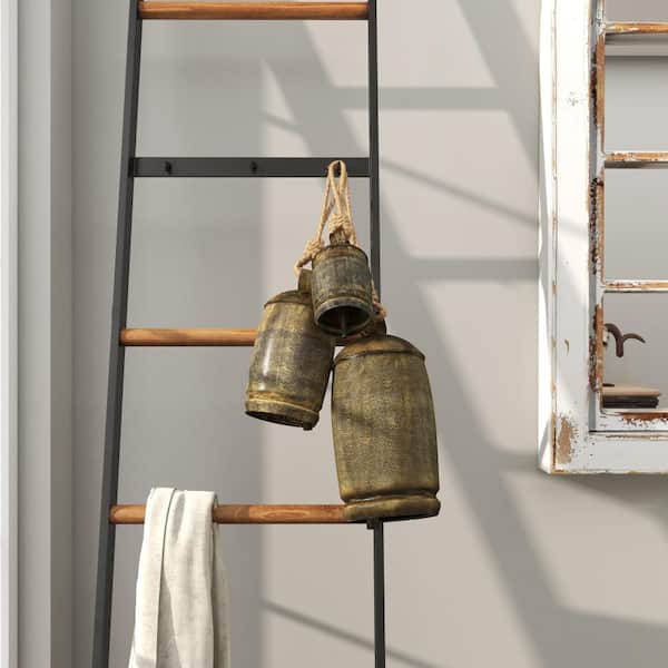 DecMode Tibetan Inspired Gold Metal Cylindrical Decorative Cow Bells with  12 Bells on Jute Hanging Ropes and Rod