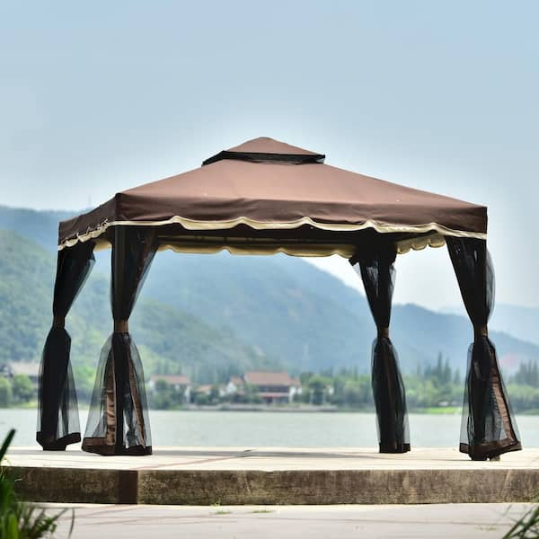 9.8 ft. x 9.8 ft. Metal Outdoor Patio Gazebo with Extended Side Shed and  LED Light in Brown LY-PG6149 - The Home Depot