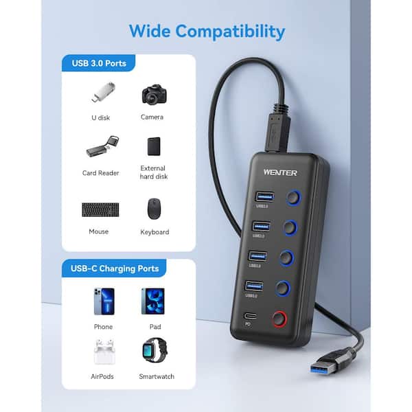 Hub USB 2.0 7 Ports Avec Interrupteurs - Câble 55 Cm, 480 Mbps - Pour PC, Mac, PS4, PS5 - Noir