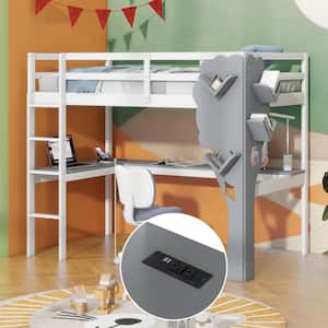 White and Gray Twin Size Loft Bed with Tree Shape Shelves and Charging Station