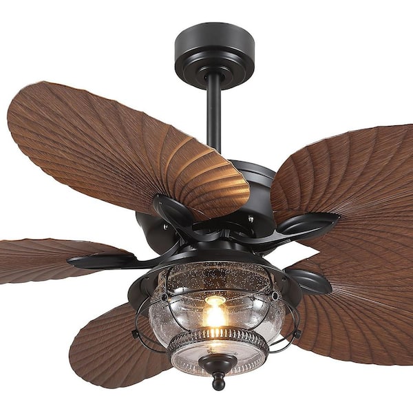 Kviflon 52 in. Indoor/Outdoor Dark Black 5 Palm Leaf Ceiling Fan with Light and Remote, Wet Rated for Patios
