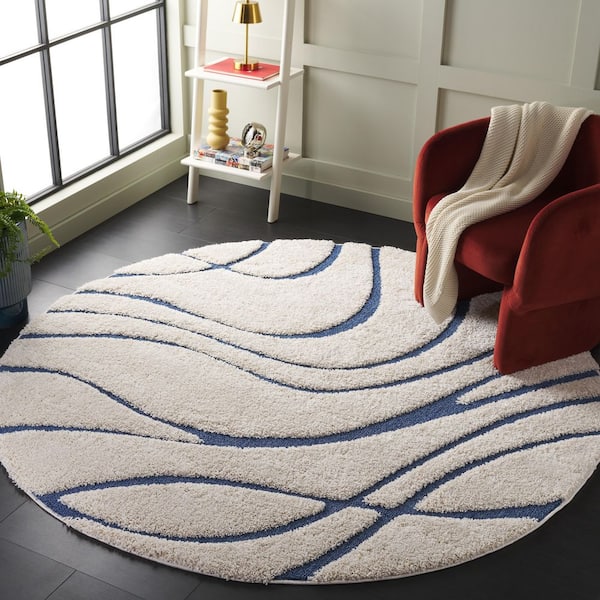 Florida Shag 12 ft. x 12 ft. Cream/Blue Wave Round Rug