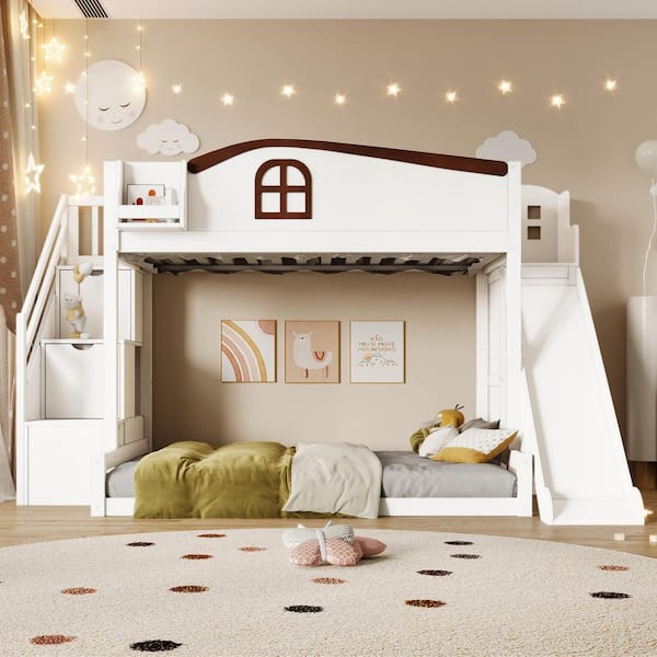 White Twin over Full Bunk Bed with Storage Staircase, Shelf, Slide and Wardrobe