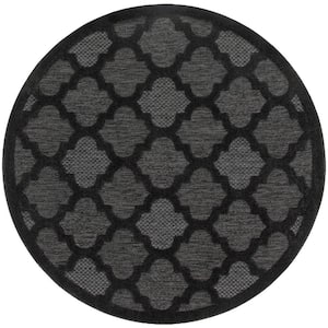 Easy Care Charcoal Black 5 ft. x 5 ft. Trellis Contemporary Round Area Rug