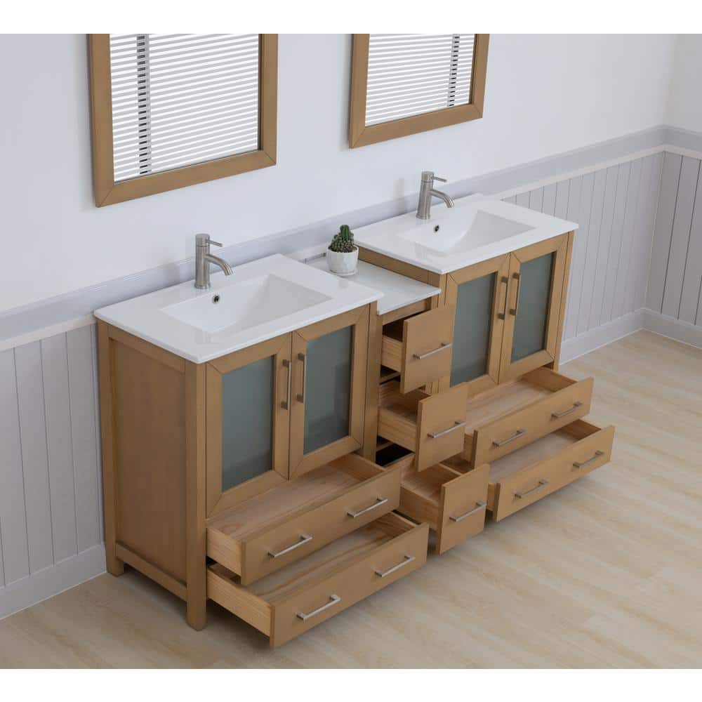 Natural Oak Double Bathroom Vanity with Ceramic Top and Mirror