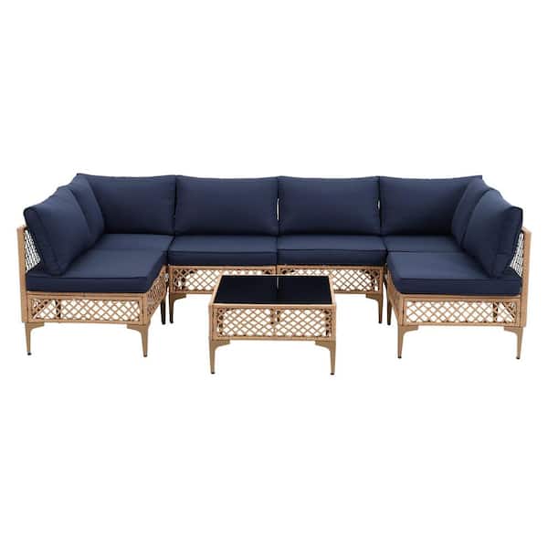 7-Piece Wicker Patio Conversation Set with Blue Cushions