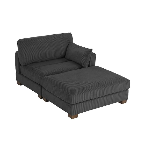 Uixe Modern Right Armrest Gray Corduroy Fabric Upholstered Sectional Chaise Longue with Ottoman