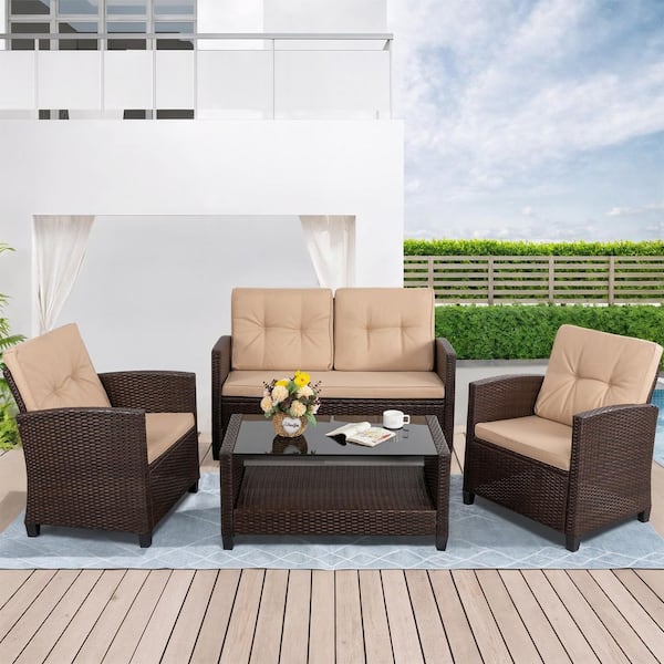4-Piece Outdoor Wicker Patio Conversation Set, Chair Set with Coffee Table and Brown Cushions