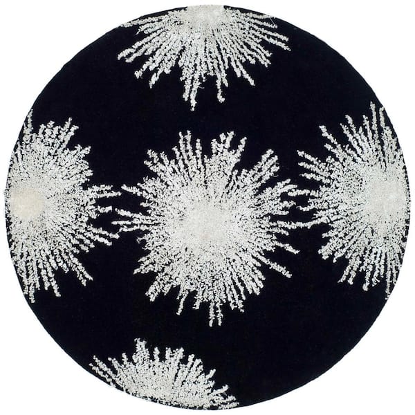 Celebration Black/White Wool 6 ft. x 6 ft. Round Floral Area Rug