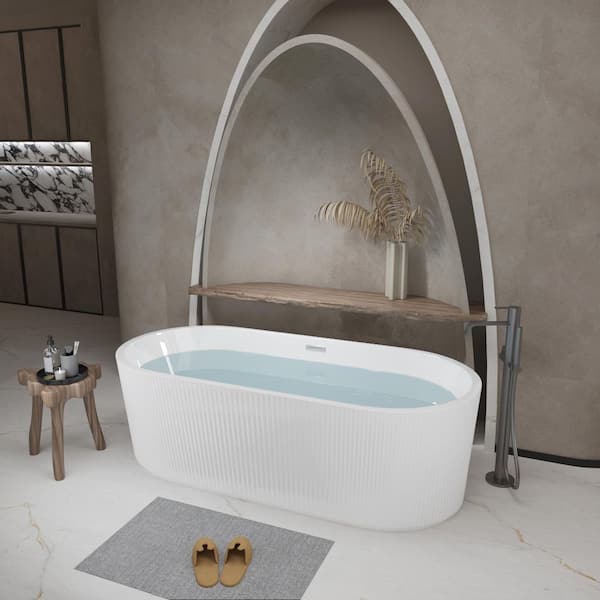 59 in. x 29.5 in. Linear Acrylic Soaking Freestanding Bathtub with Chrome Drain in White