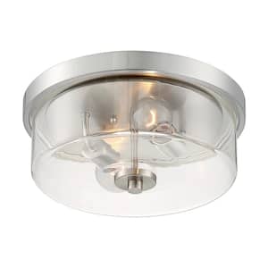 Sommerset 12.88 in. 2-Light Brushed Nickel Contemporary Flush Mount with Clear Glass Shade, No Bulbs Included