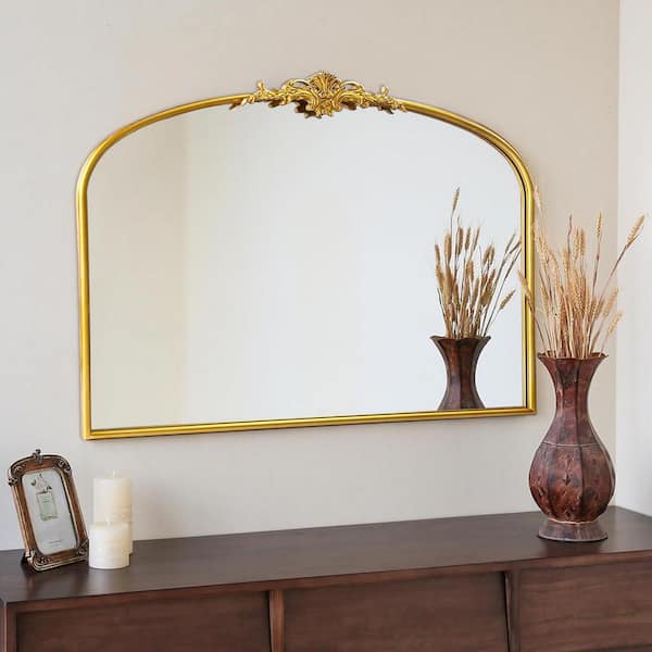 Sxiawe 30 in. W x 40 in. H Antique Gold Baroque-Inspired Ornate Arched Classic Frame Wall Mirror